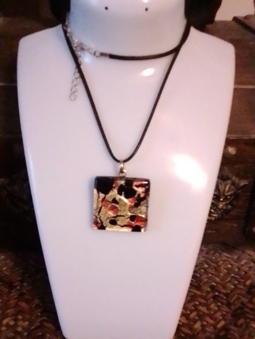 Gold & Black Square Art Glass Pendant Necklace